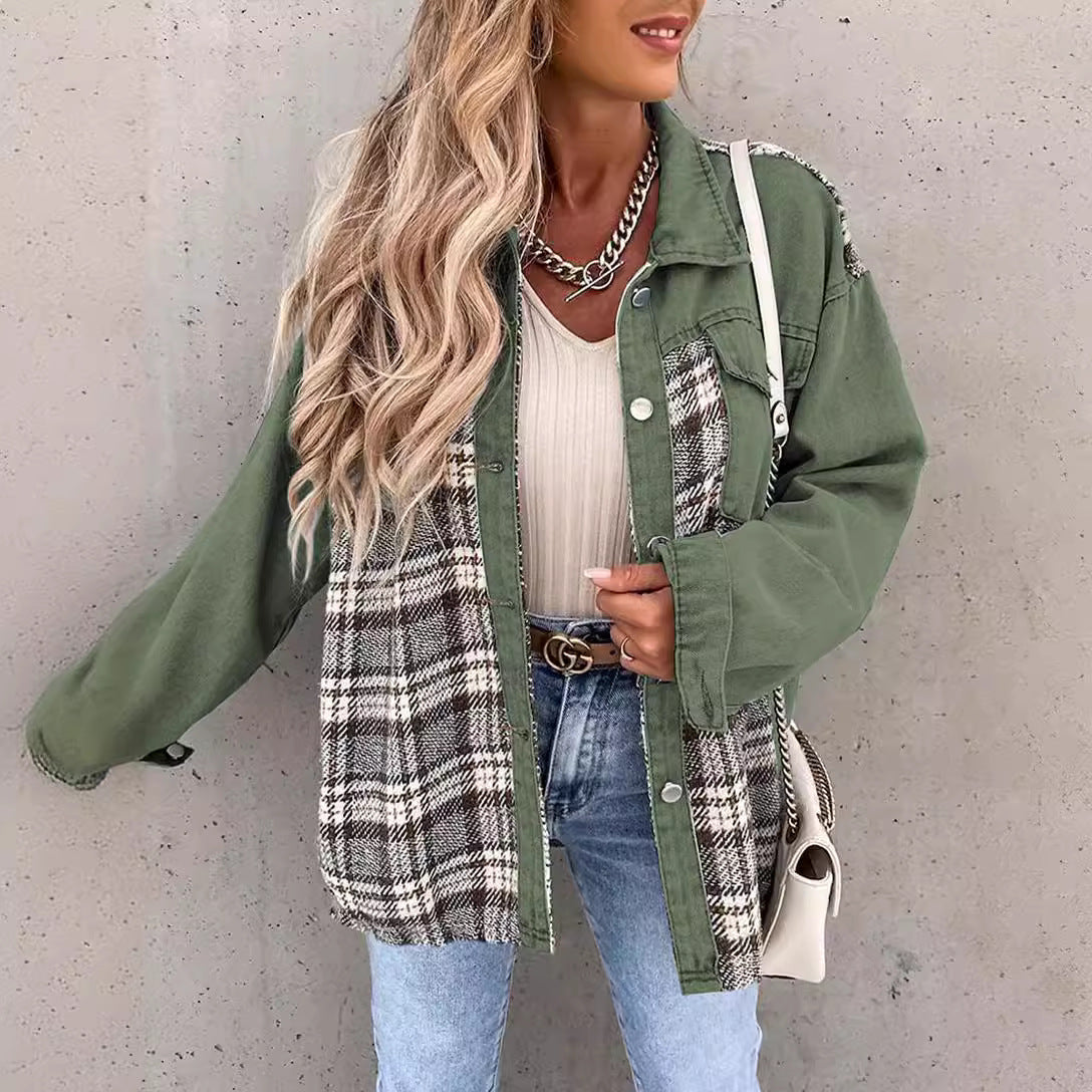 Veste femme – Coupe oversize – Empiècements jean et carreaux – Manches longues