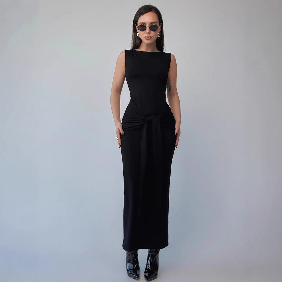 Robe moulante femme – Coupe ajustée – Longueur maxi – Sans manches – Ceinture taille