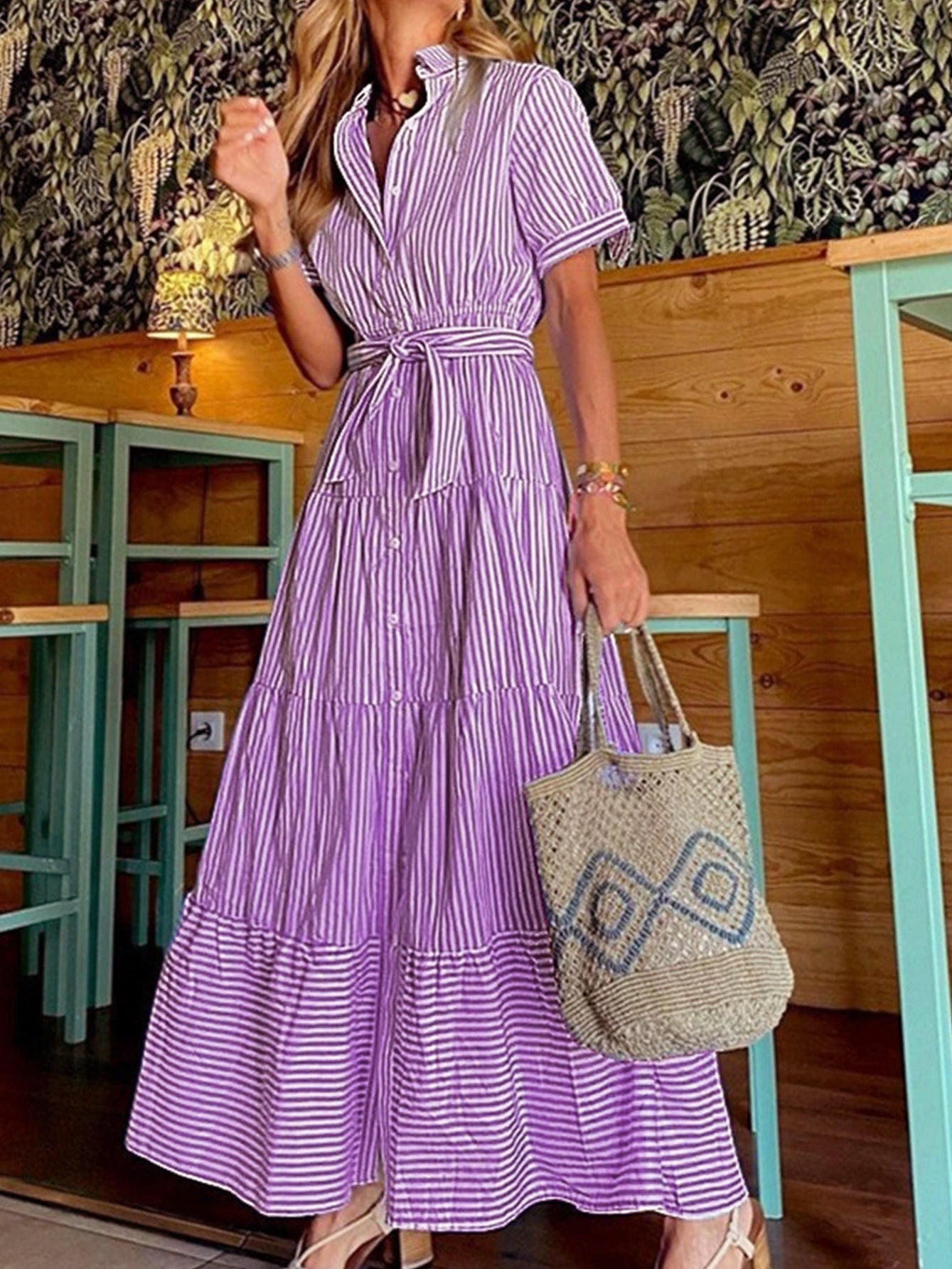 Robe midi femme – Coupe décontractée – Rayures – Ceinture – Tissu respirant