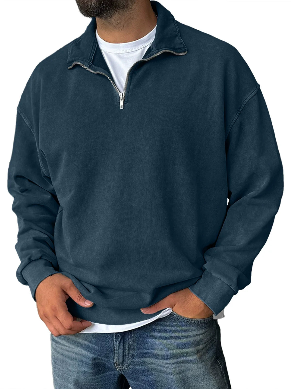 Sweat-shirt homme – Coupe décontractée – Col montant zippé – Épaules tombantes