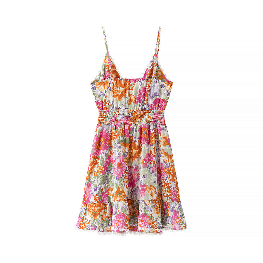 Robe Mini Femme – Coupe Évasée – Bretelles Fines – Dos Noué – Imprimé Fleuri