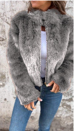 Veste femme en fausse fourrure – Coupe décontractée – Col montant – Manches longues