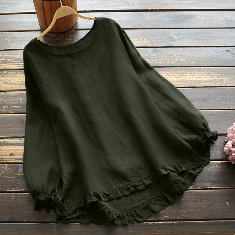 Blouse femme – Coupe ample – Manches longues – Linnen coton – Volants élégants