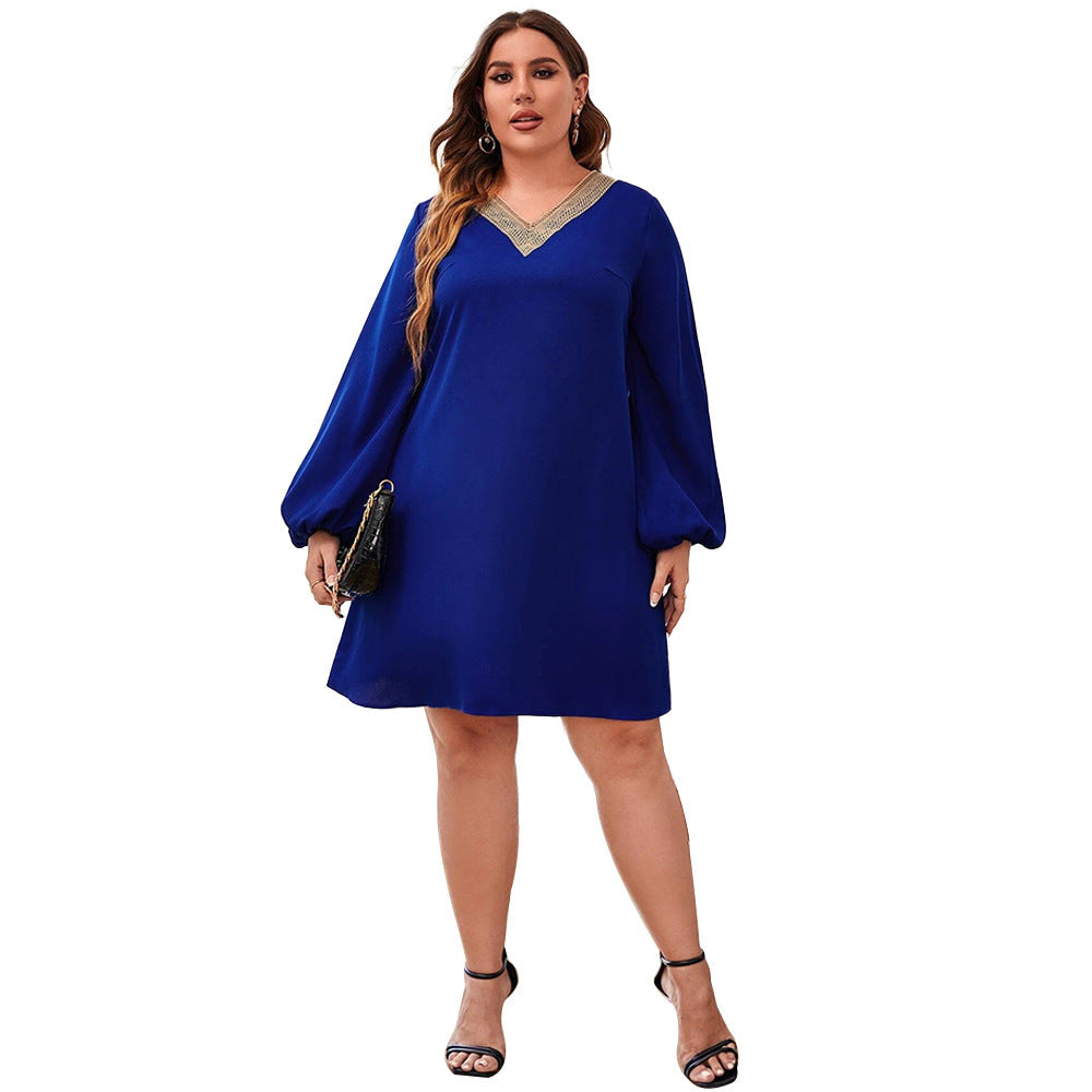 Robe femme mini – Coupe décontractée – Manches longues volantées – Col en V fluide