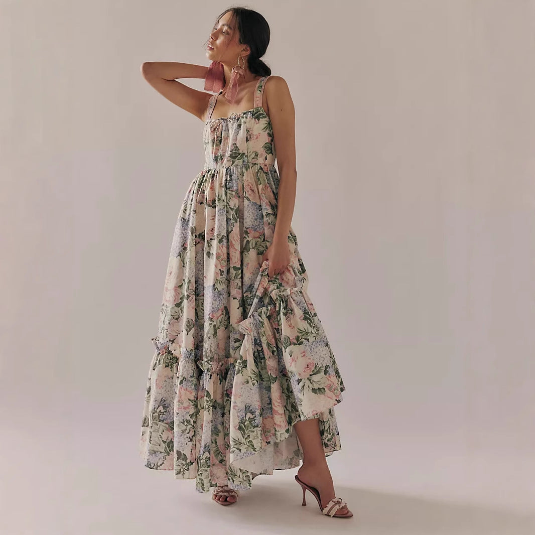 Robe longue femme – Mousseline fluide – Imprimé fleuri – Bretelles fines – Plissée