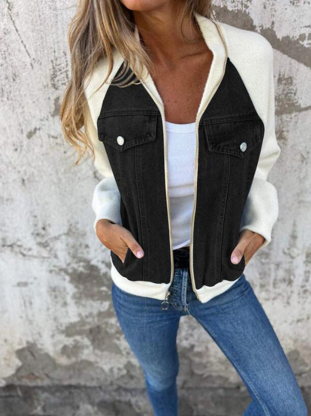 Blouson femme – Style bomber – Laine mélangée – Empiècements denim – Coupe droite