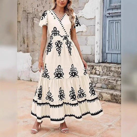 Robe longue femme – Coupe évasée – Volants – Col en V – Manches courtes – Imprimé floral