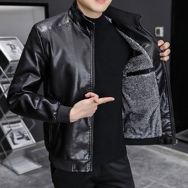 Blouson homme en cuir – Coupe slim – Col montant – Ourlet côtelé – Fermeture zippée