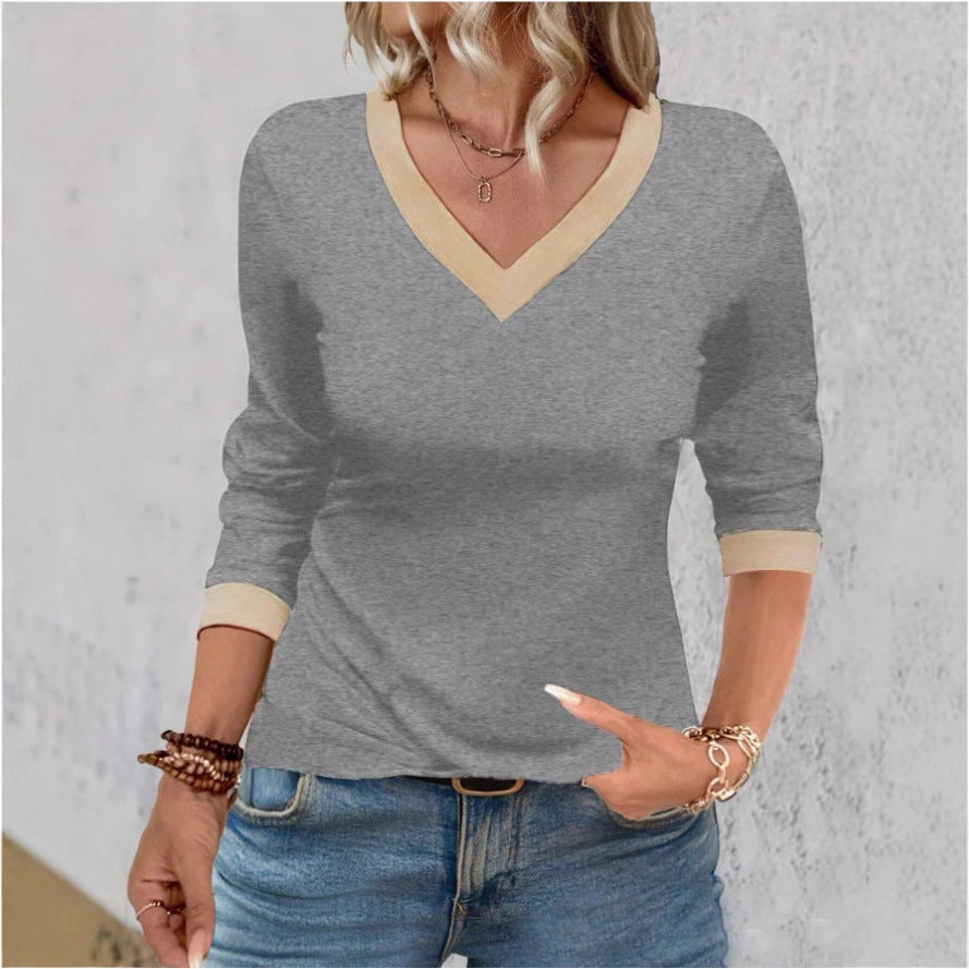 T-shirt femme col V – Maille douce – Coupe décontractée – Manches 3/4 – Finition épurée