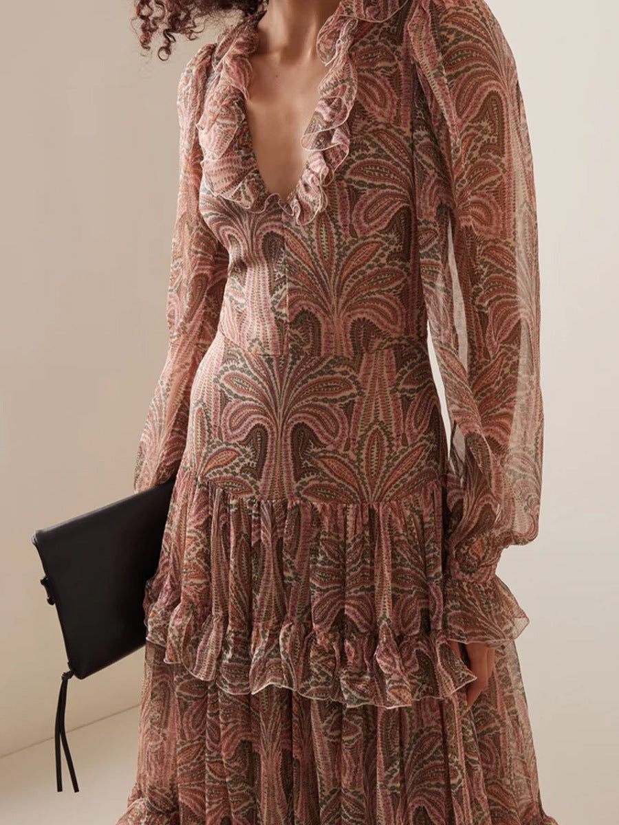 Robe longue femme – Taille haute – Voile fluide – Manches évasées – Détails à volants