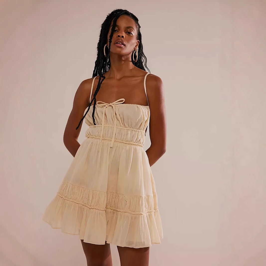 Robe Mini Femme – Bretelles Fines – Buste Smocké – Volants – Coupe Décontractée