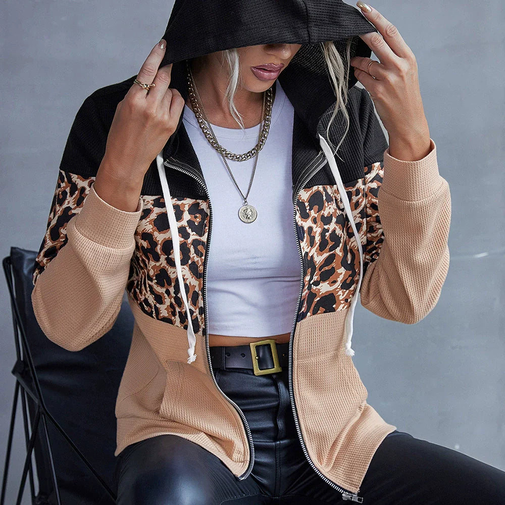 Sweat à capuche femme – Coupe décontractée – Patchwork – Tissu côtelé respirant – Zip frontal