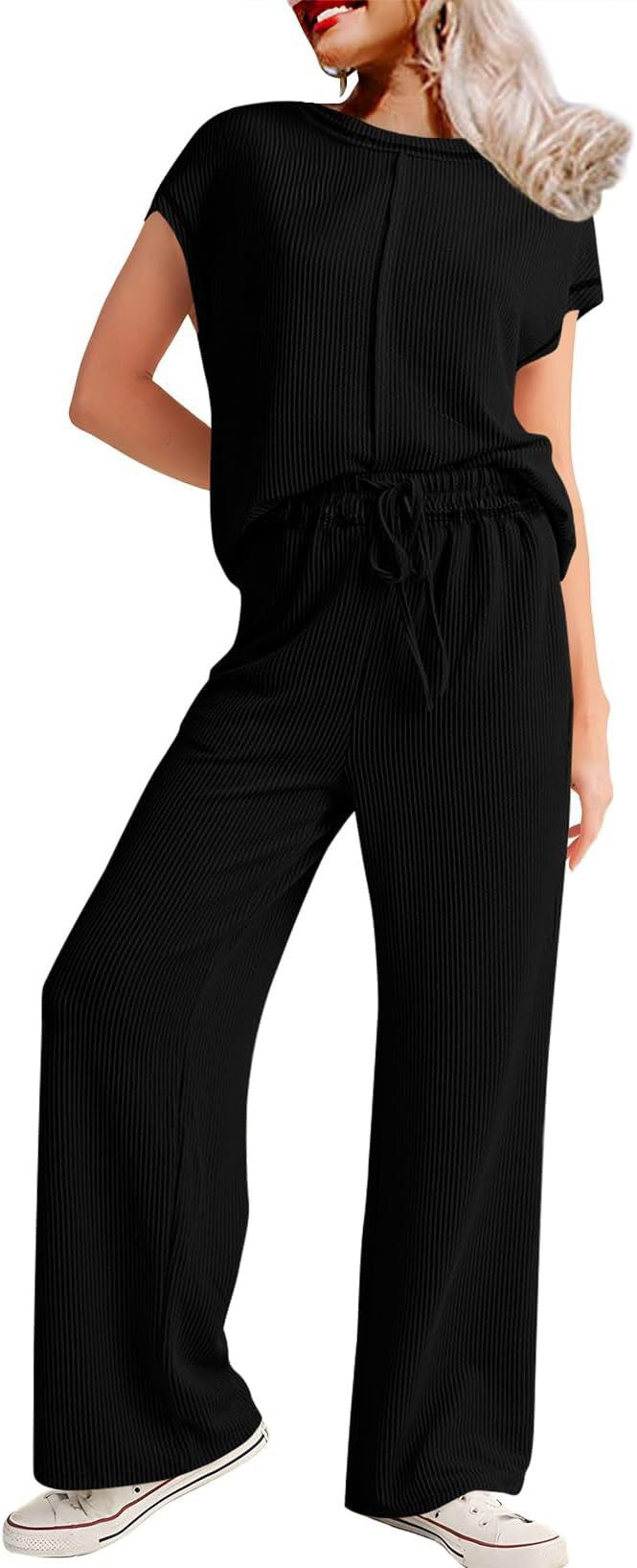 Ensemble Loungewear Femme – Coupe Décontractée – Maille Côtelée Douce – Haut Manches Courtes et Pantalon Large