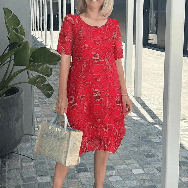Robe midi femme – Coupe décontractée – Col en V – Manches 3/4 – Fentes – Poches