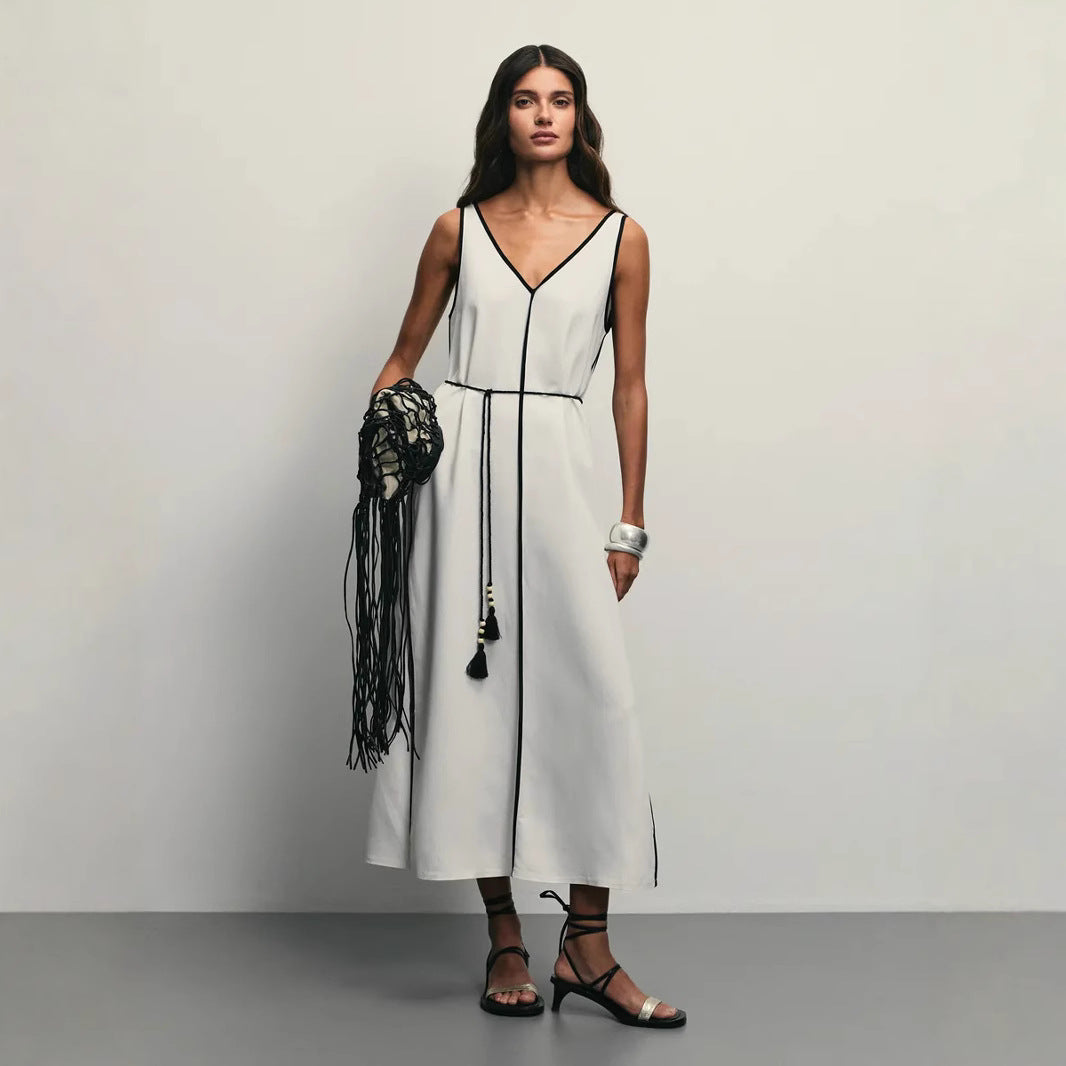 Robe sans manches femme – Coupe évasée – Col en U – Ceinture taille – Tissu léger breathable