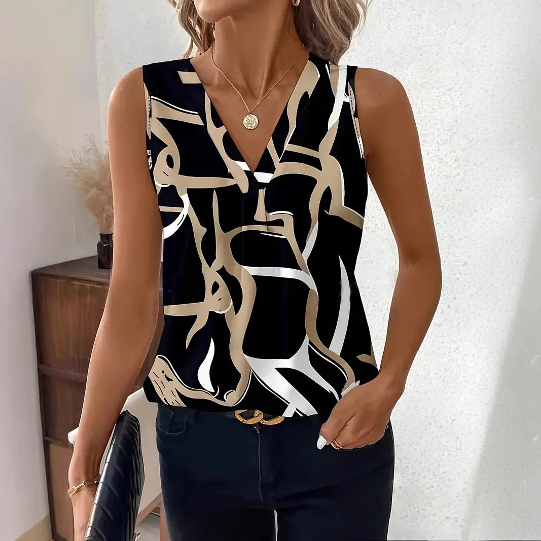Top sans manches femme – Coupe décontractée – Col en V – Imprimé abstrait – Tissu léger