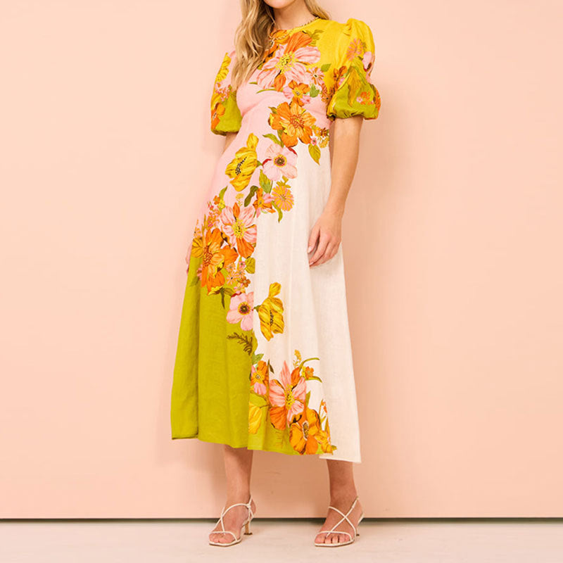 Robe midi femme – Taille cintrée – Manches bouffantes – Imprimé fleuri – Tissu léger