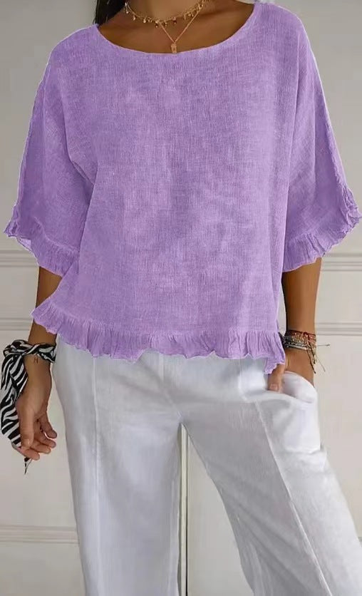 Blouse femme manches courtes – Coupe fluide – Lin et coton – Col rond – Finitions volantées