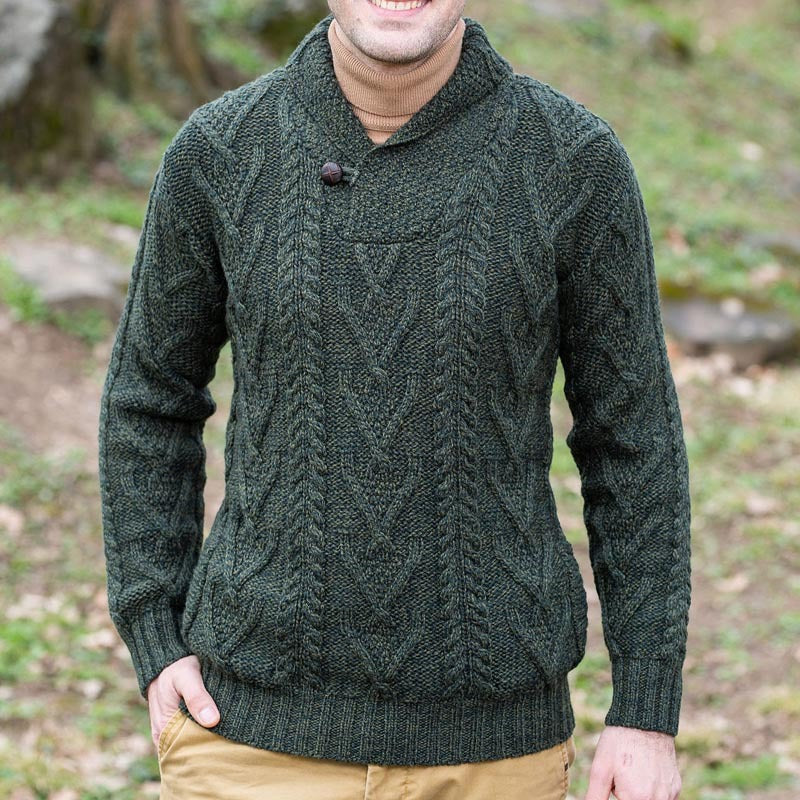 Pull homme – Maille torsadée – Coupe décontractée – Col châle avec bouton
