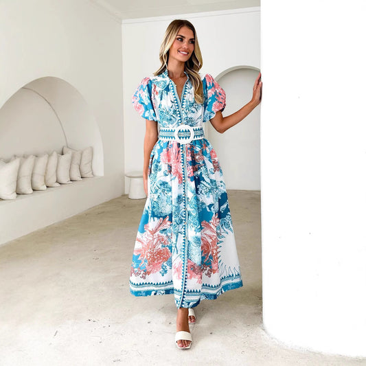 Robe longue femme – Tissu léger – Manches bouffantes – Ceinture – Boutonnage devant