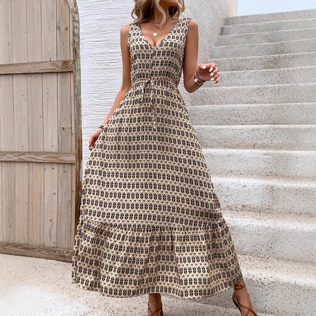 Robe midi sans manches femme – Imprimé bohème – Décolleté en V – Coupe fluide