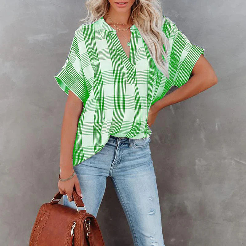Blouse femme – Coupe décontractée – Motif à carreaux – Manches courtes – Coton respirant