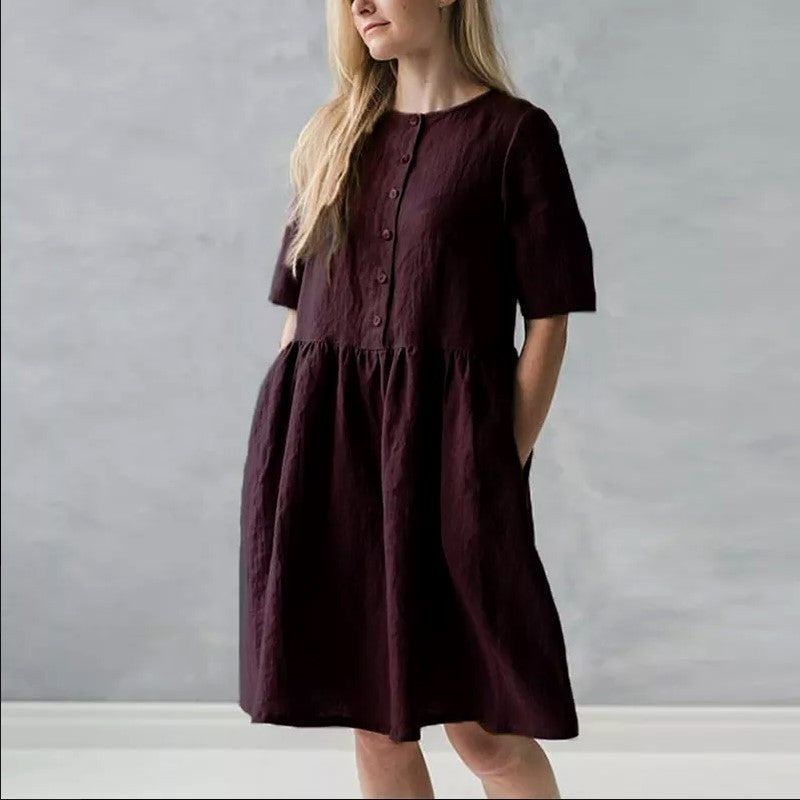 Robe midi femme – Coupe décontractée – Coton lin – Manches courtes – Boutons et poches