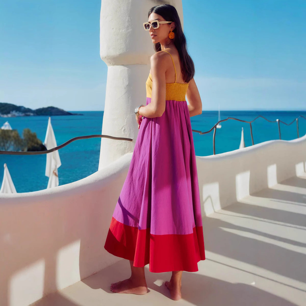 Robe midi femme – Bretelles fines – Coupe évasée – Coton léger – Design color block