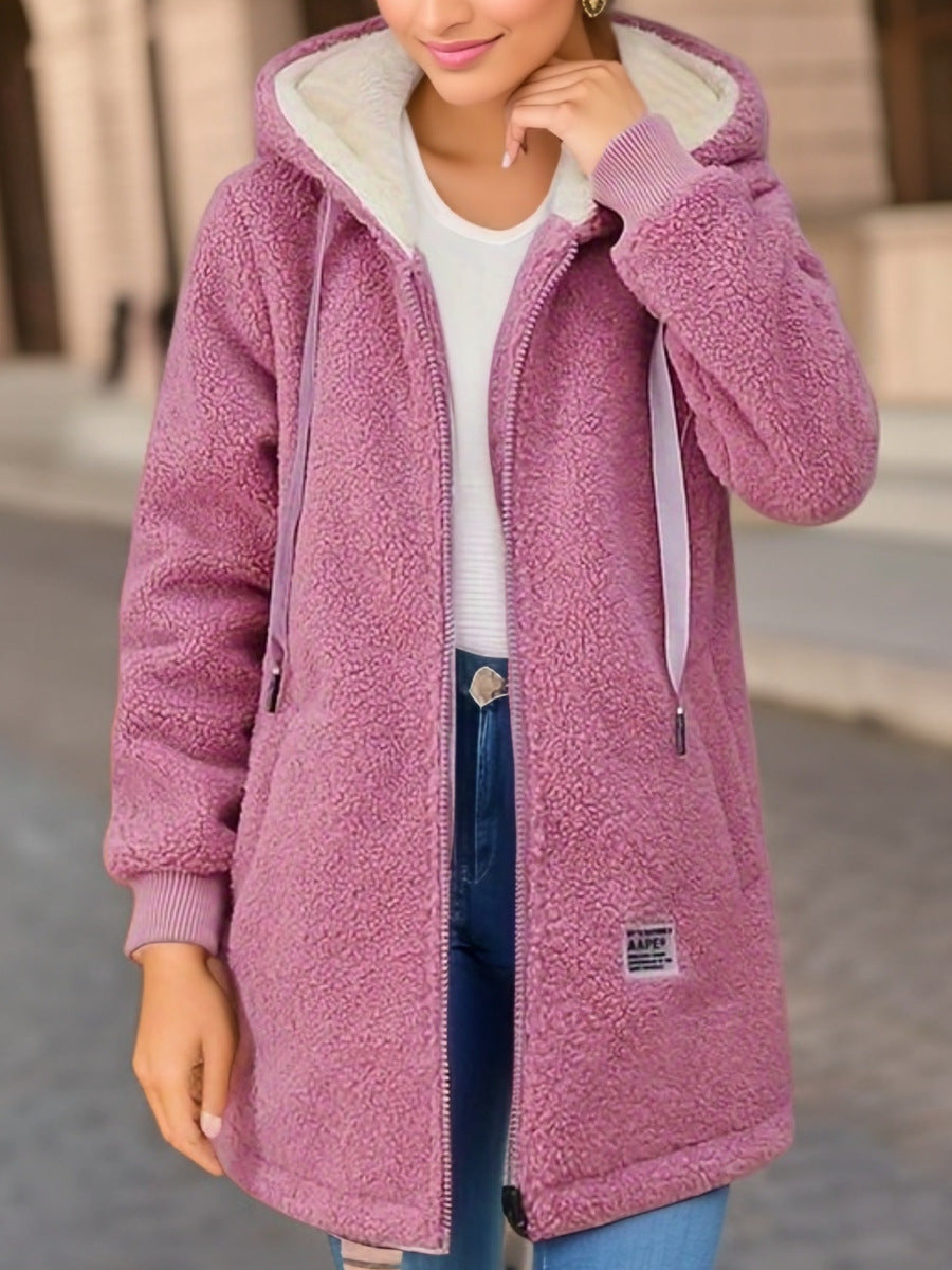 Veste mi-longue femme – Coupe oversize – Effet peau lainée – Capuche zippée