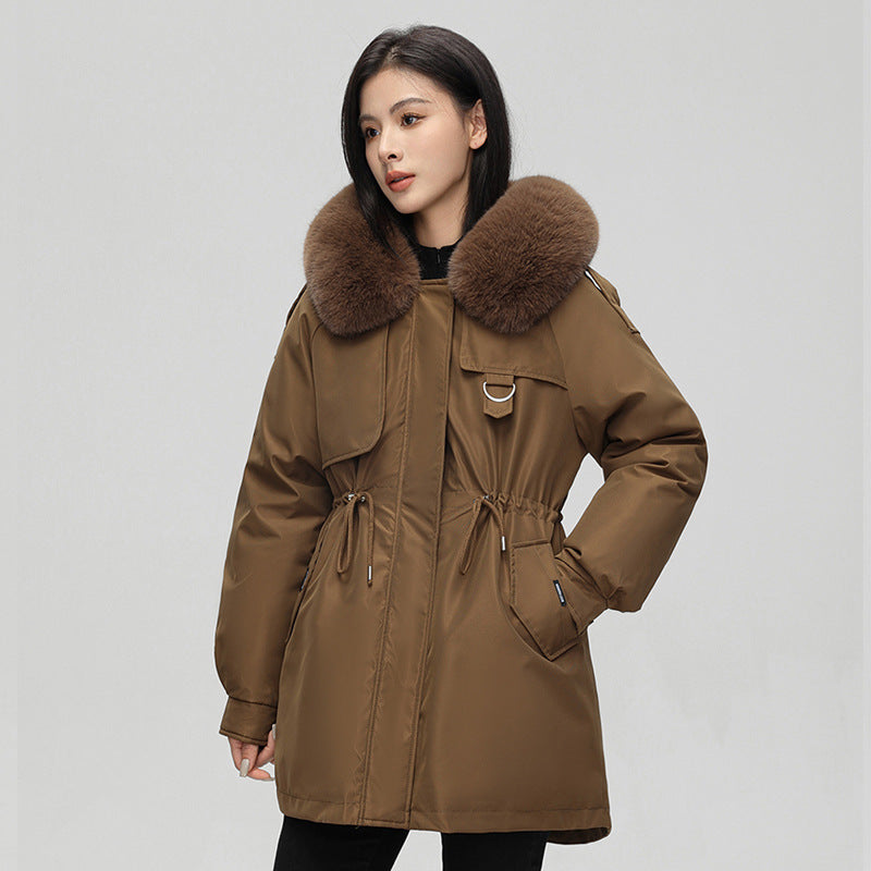 Veste parka femme – Coupe oversize – Capuche fausse fourrure – Taille ajustable
