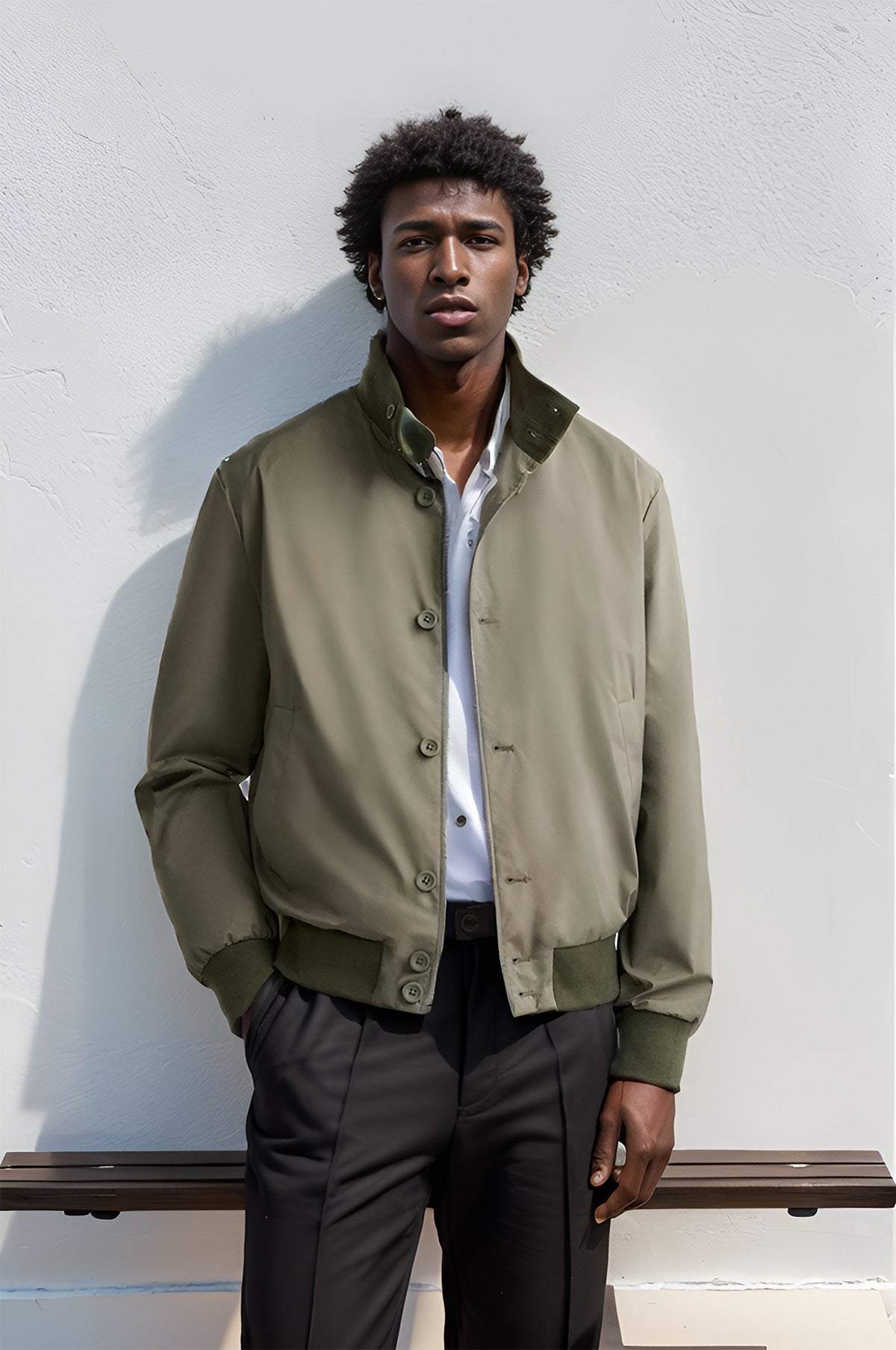 Blouson homme – Coupe slim – Fermeture boutonnée – Ourlets côtelés – Style casual