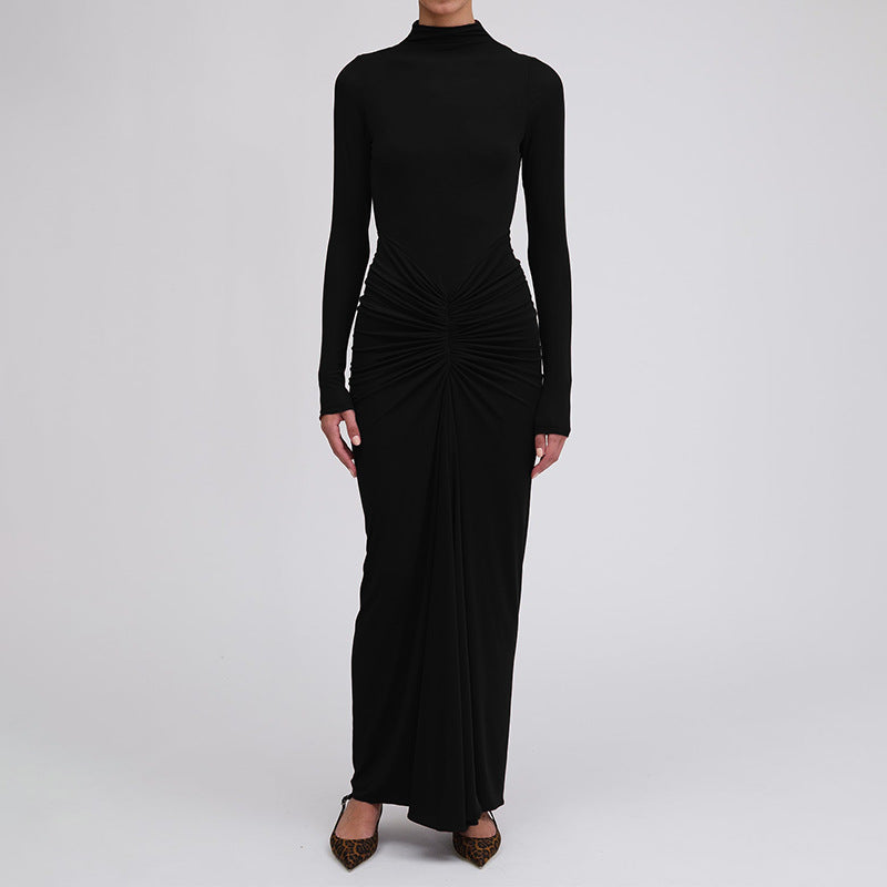 Robe moulante femme – Coupe ajustée – Manches longues – Col roulé – Taille froncée