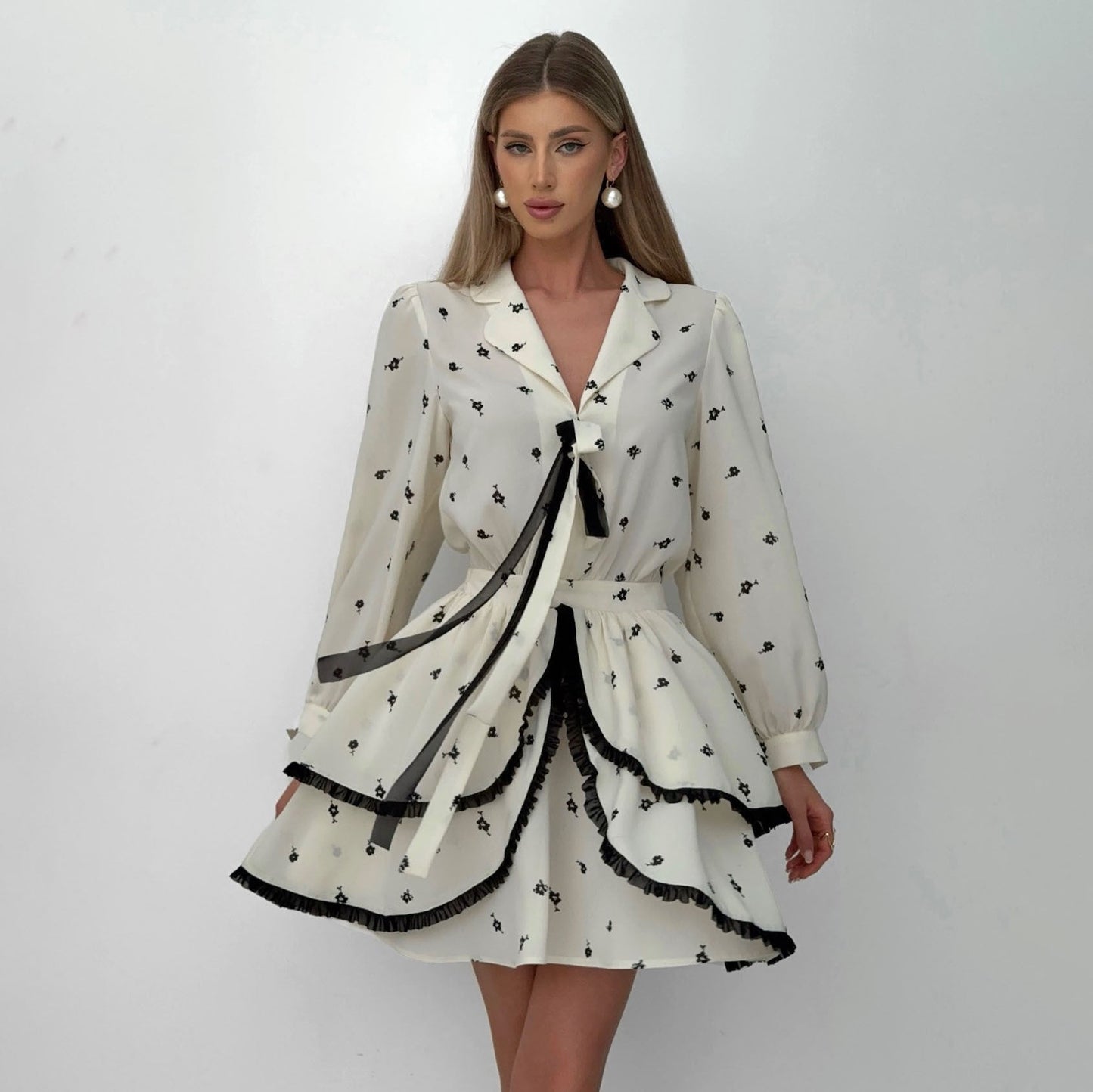 Robe Deux Pièces Femme – Chiffon Léger – Taille Cintrée – Col V – Jupe Volants