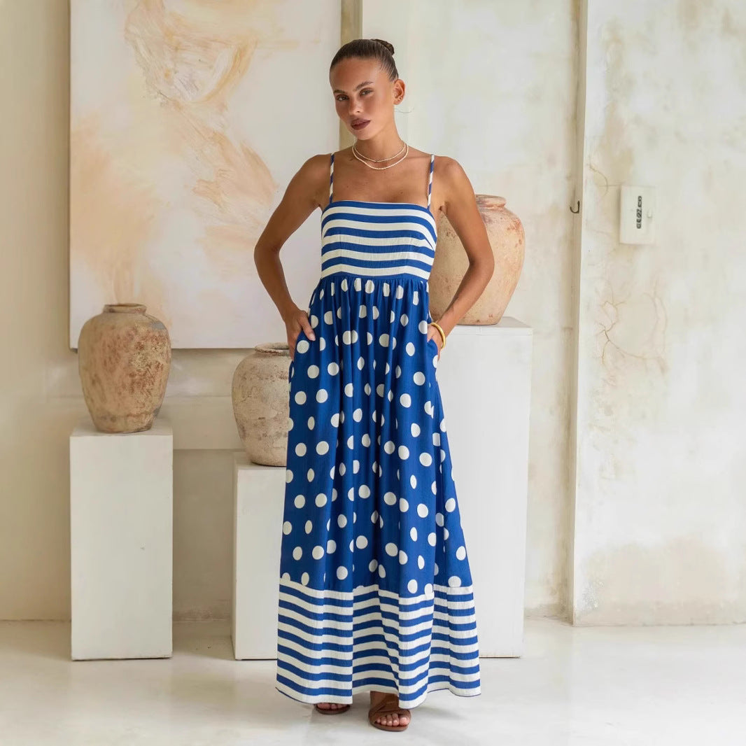 Robe longue femme – Coton léger – Coupe évasée – Bretelles fines – Motifs mixtes