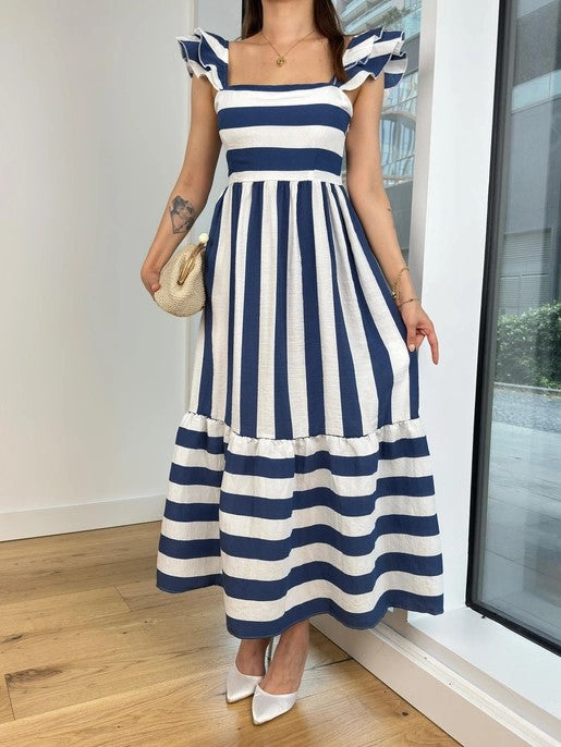 Robe midi femme – Épaules dénudées – Coton mélangé – Coupe fluide – Rayures – Manches volantées