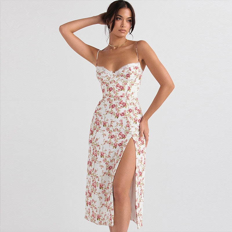 Robe midi femme – Coupe ajustée – Bretelles fines – Fente latérale – Imprimé fleuri