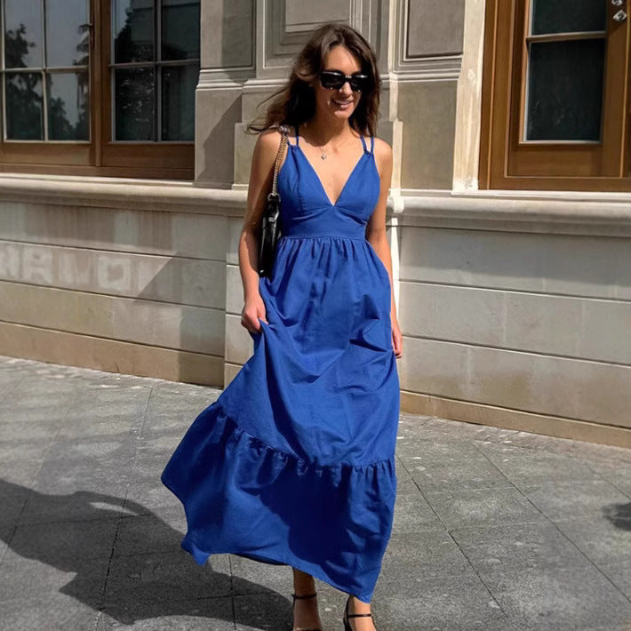 Robe longue femme – Coton lin – Sans manches – Coupe évasée – Col en V