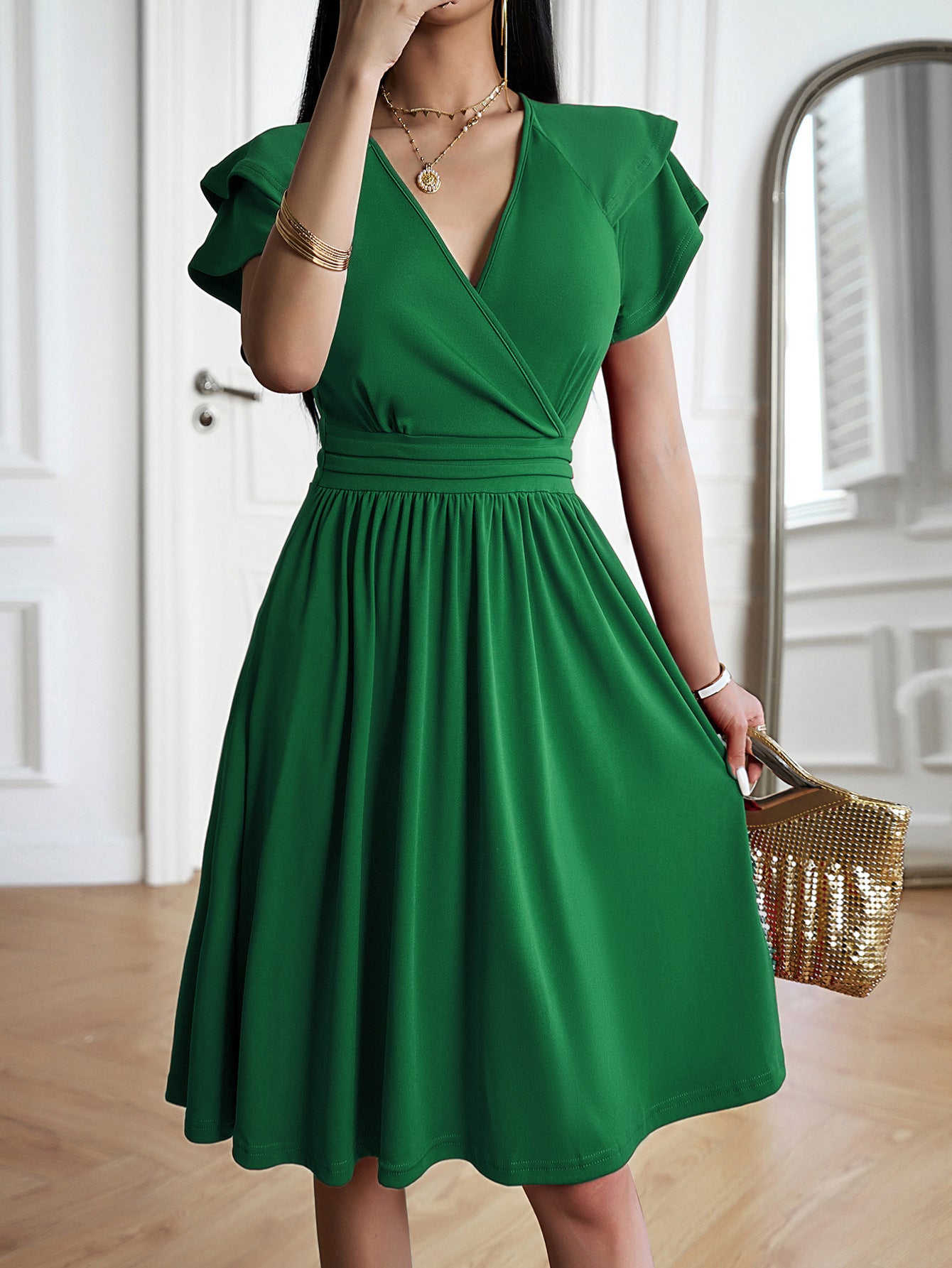 Robe midi femme – Décolleté cache-cœur – Manches papillon – Coupe évasée fluide