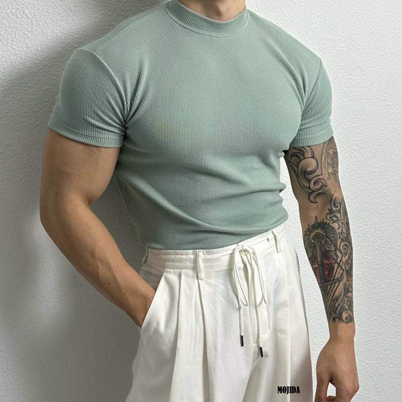 T-shirt Ajusté Homme - Maille Côtelée Respirante - Manches Courtes - Col Montant