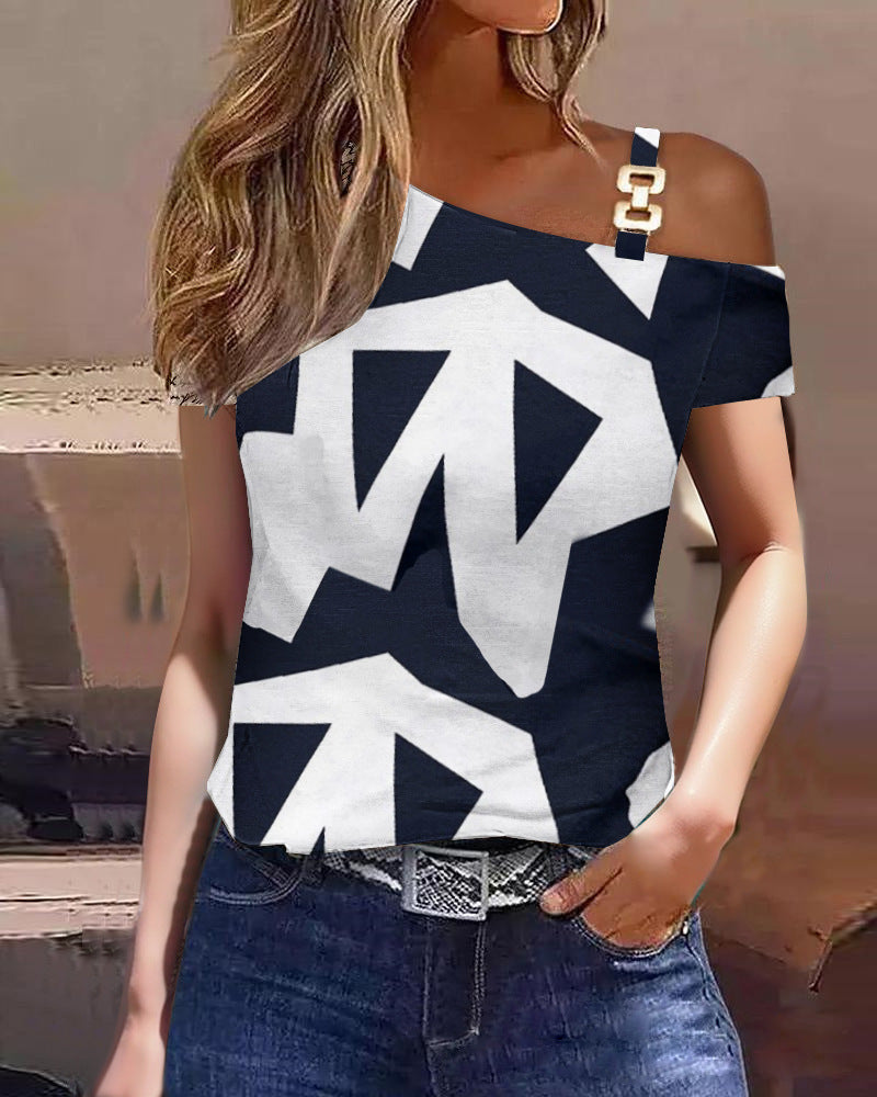 Top femme à manches courtes – Coupe décontractée – Épaule nue – Motif géométrique – Coton