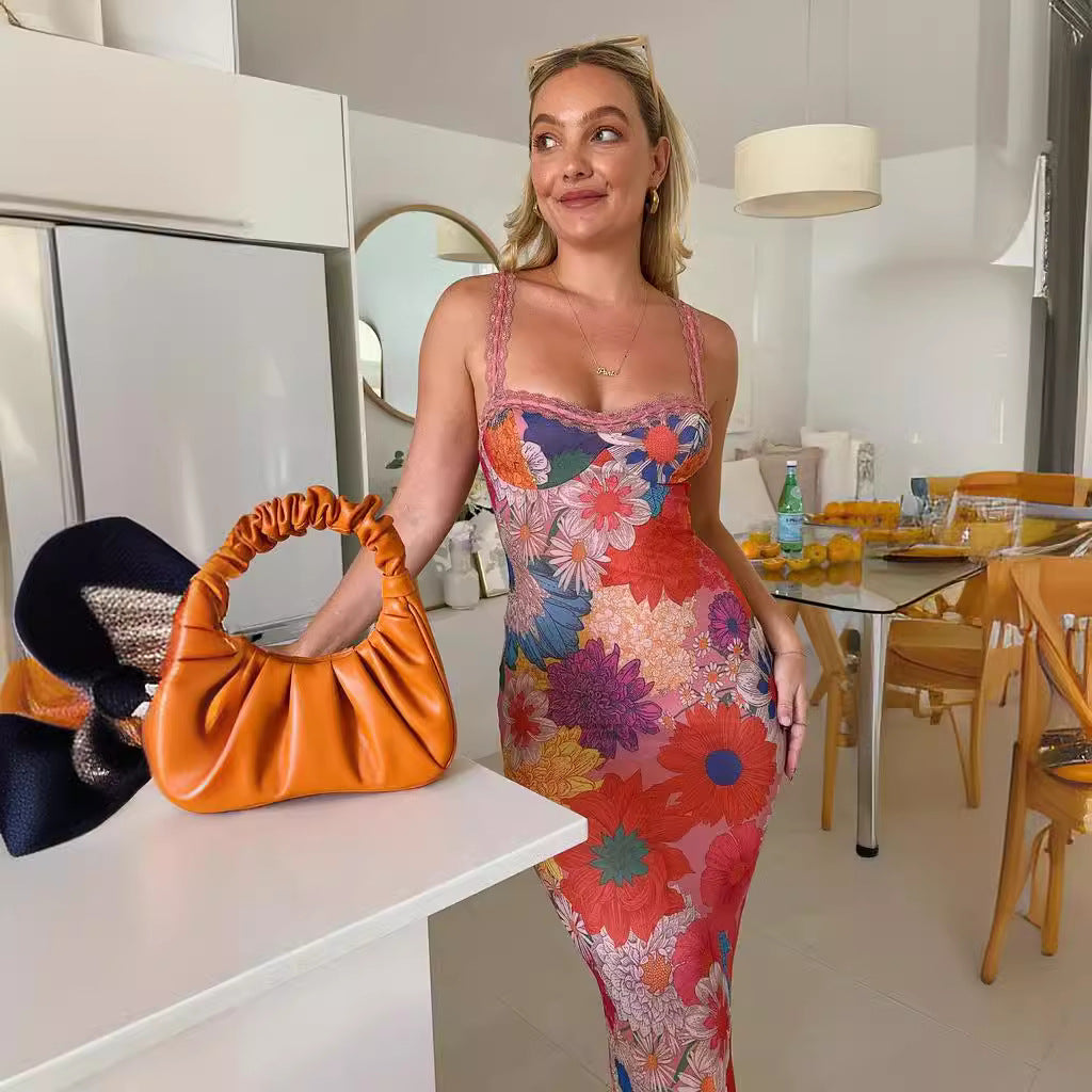 Robe sans manches femme – Coupe slim – Épaule unique – Imprimé fleuri – Longue