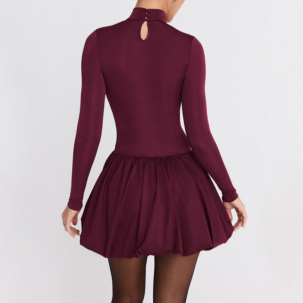 Robe mini femme – Coupe slim – Col montant – Manches longues – Jupe évasée
