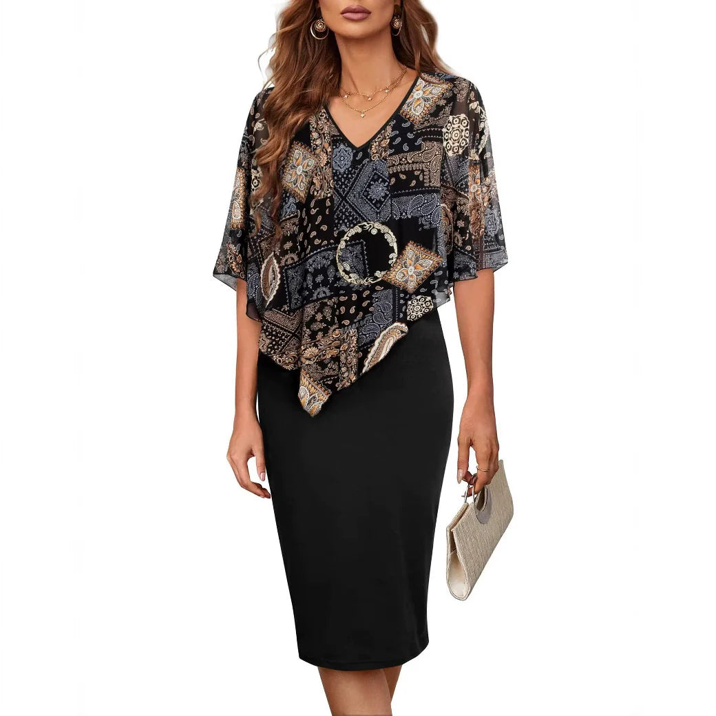 Robe femme – Coupe ajustée – Décolleté en V – Voile fluide – Mi-longue élégante