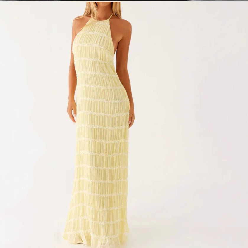 Robe longue femme – Col halter – Taille cintrée – Dentelle – Tissu fluide léger