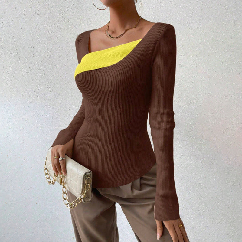 Haut Femme – Coupe Cintrée – Col Asymétrique – Maille Côtelée – Manches Longues