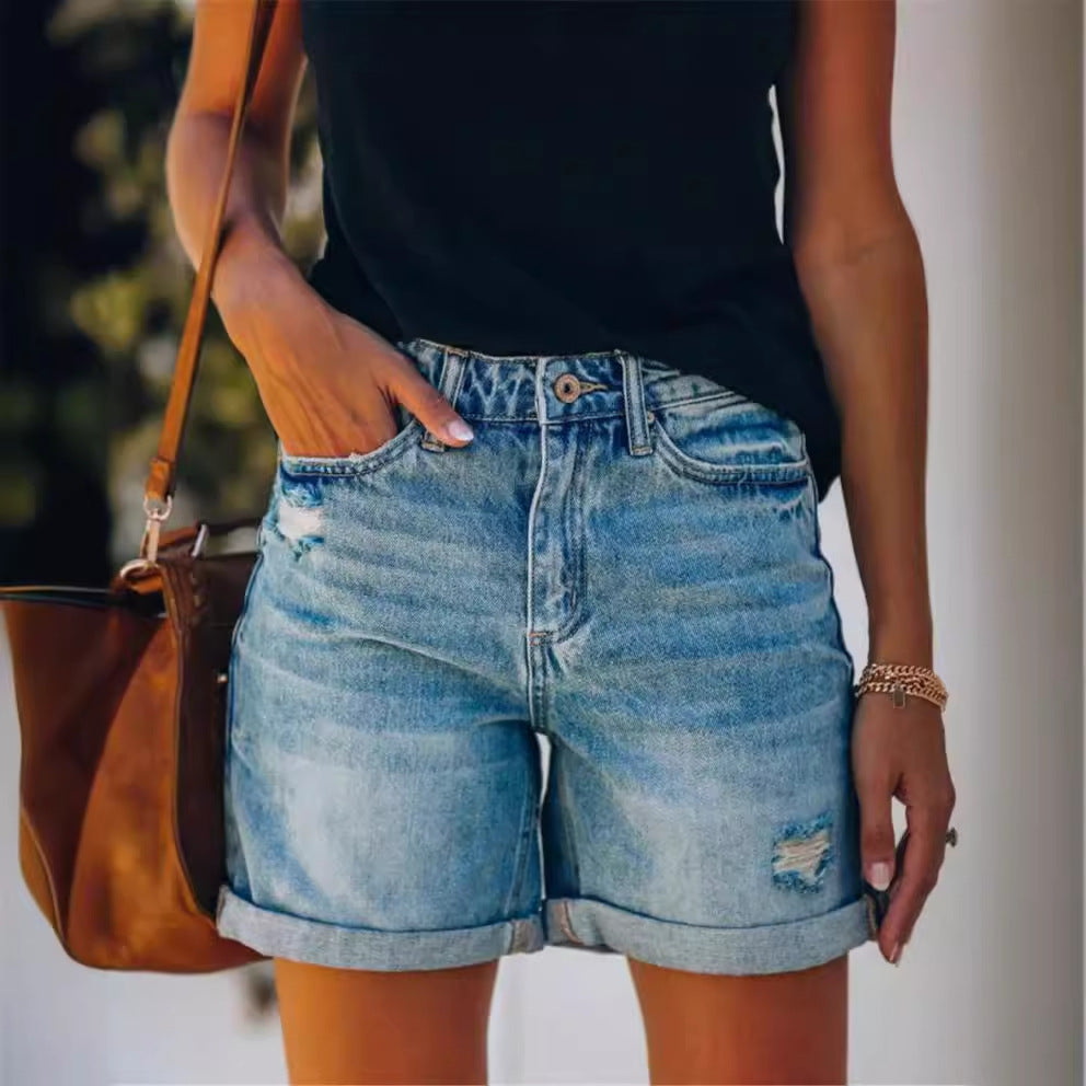 Short en jean femme – Coupe décontractée – Taille mi-haute – Finition effilée