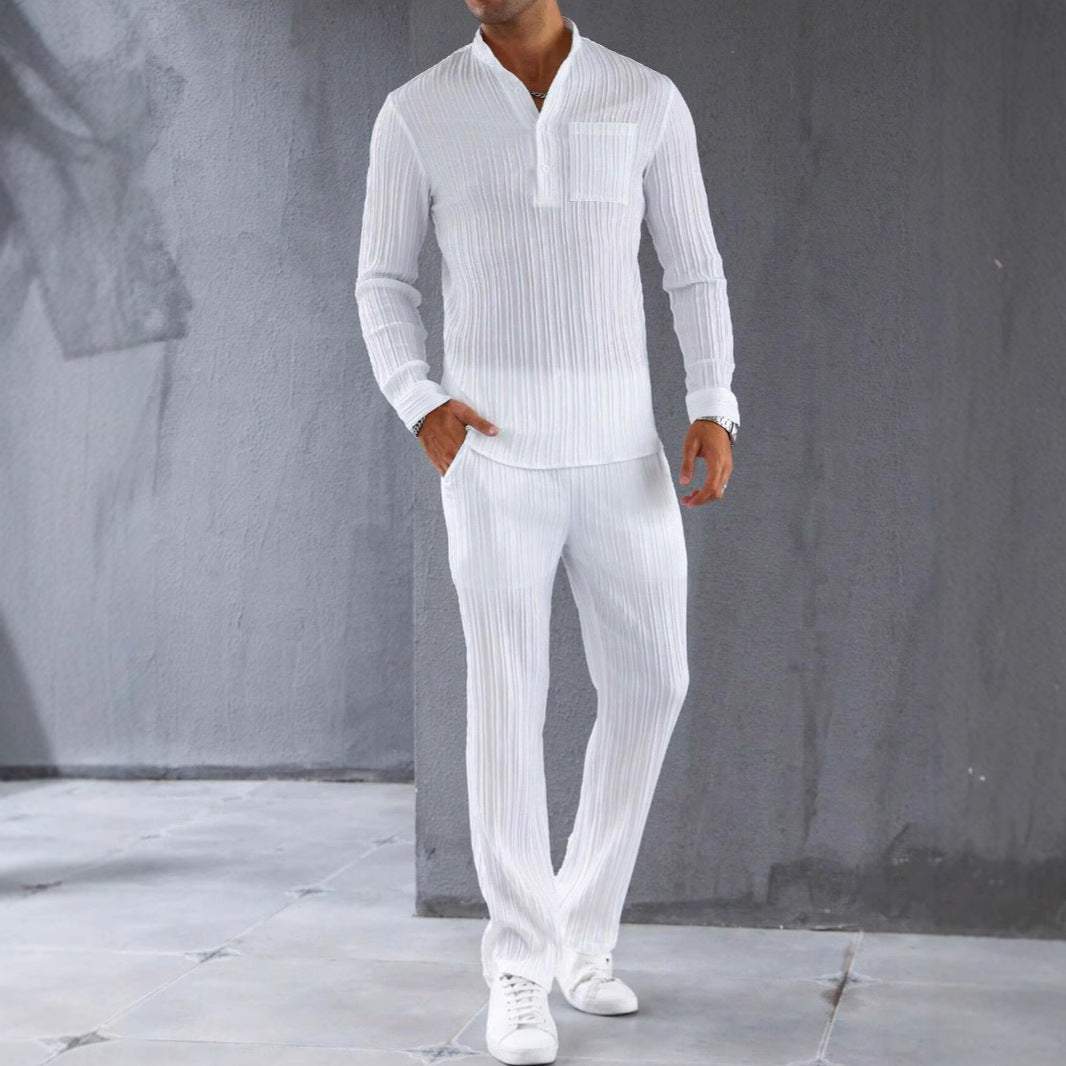 Tenue homme chemise et pantalon – Coupe slim – Tissu côtelé – Tendance décontractée