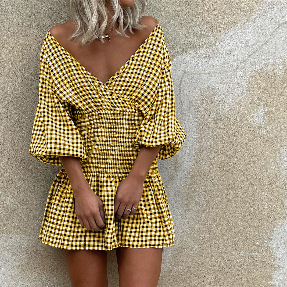 Robe Mini Femme – Coton Mélangé – Col V – Manches Bouffantes – Taille Élastique – Motif Vichy