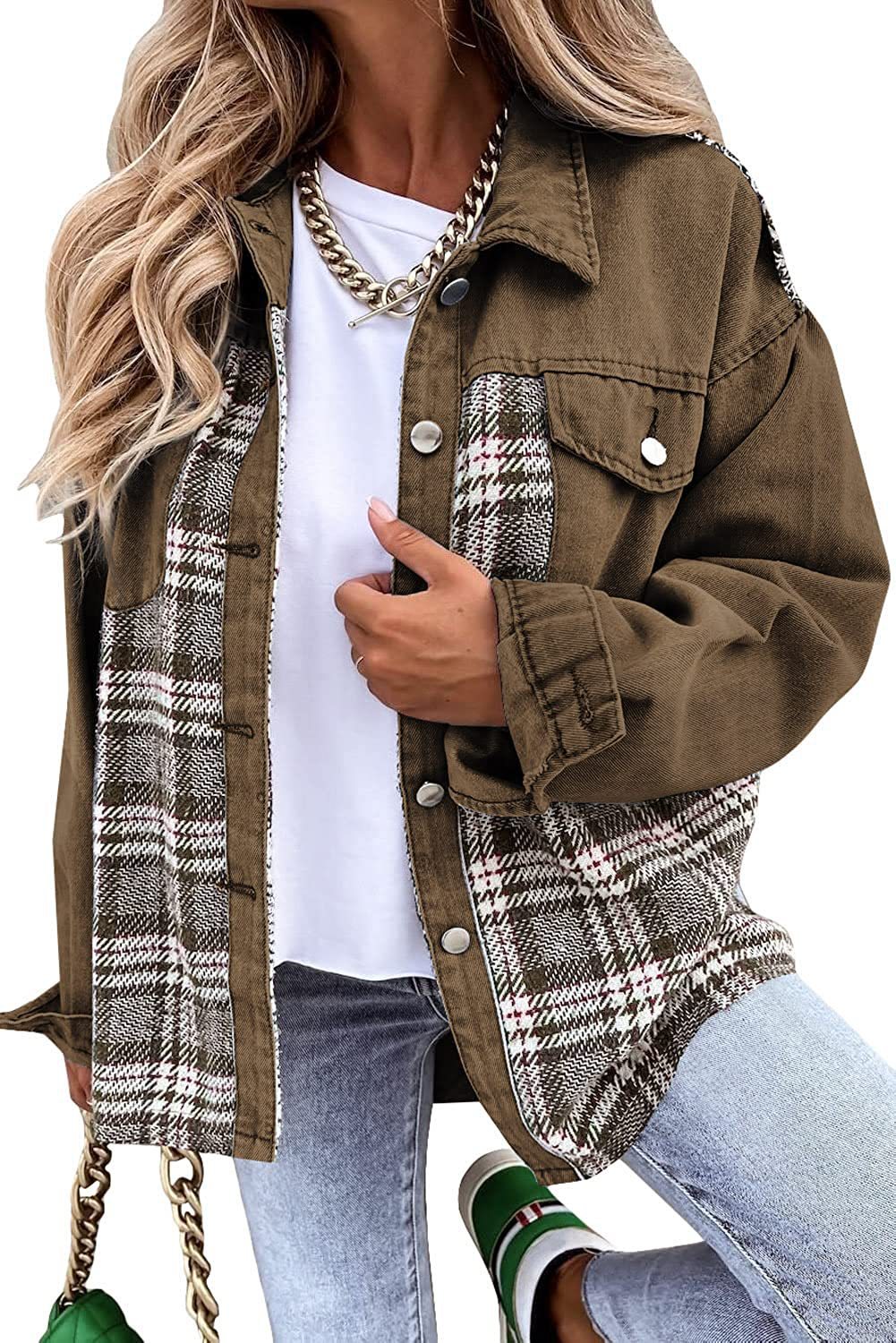 Veste femme – Coupe oversize – Empiècements jean et carreaux – Manches longues
