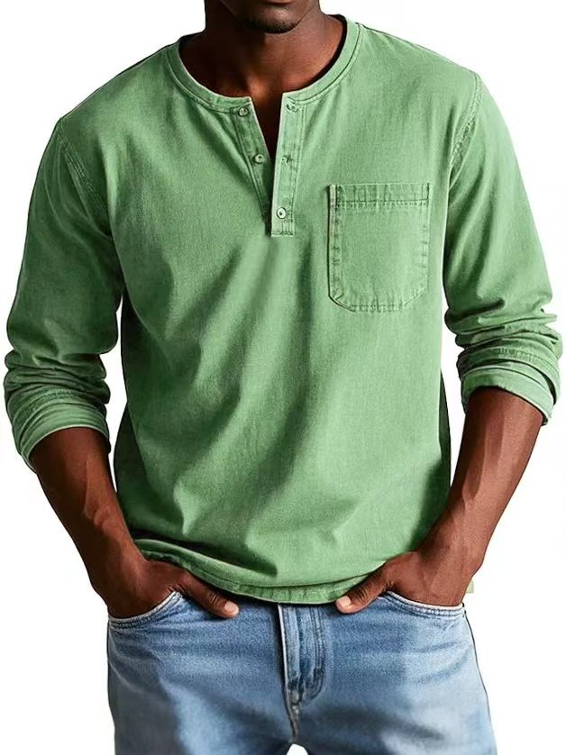 T-shirt manches longues homme – Coupe slim – Tissu respirant – Col boutonné avec poche